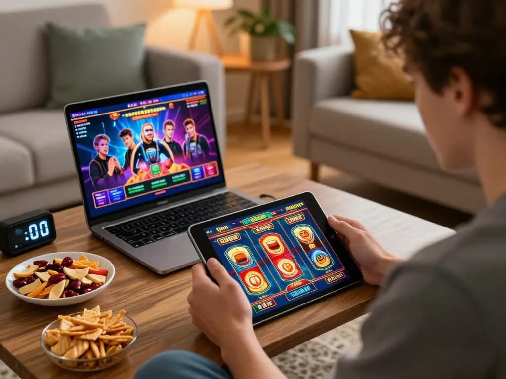 Player enjoys online slots on tablet at home illustrating 99ok's vibrant gaming experience.
