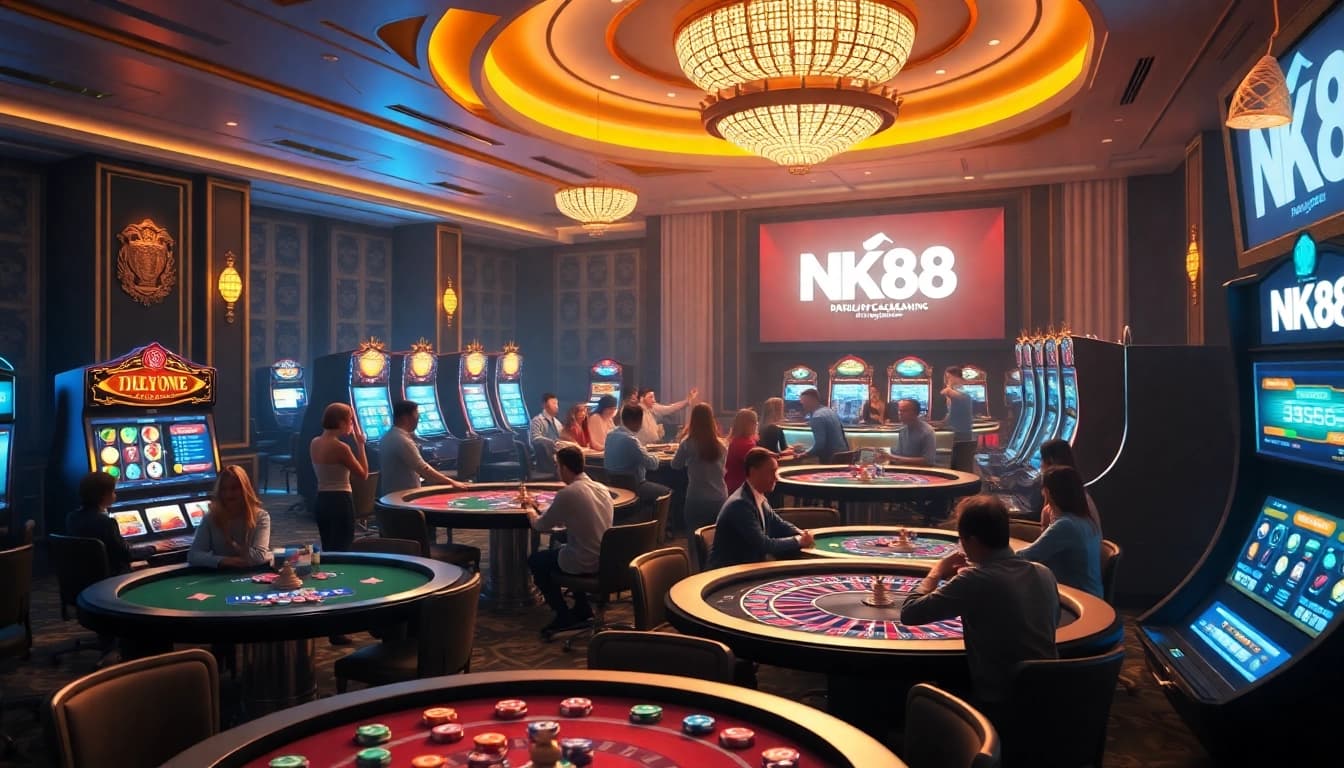 Experience NK88's luxurious casino gaming with vibrant tables and exciting win celebrations.