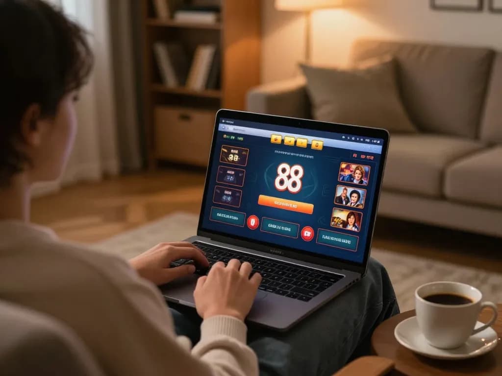 Engaged player using the gg 88 casino app on laptop, showcasing a comfortable gaming setup at home.