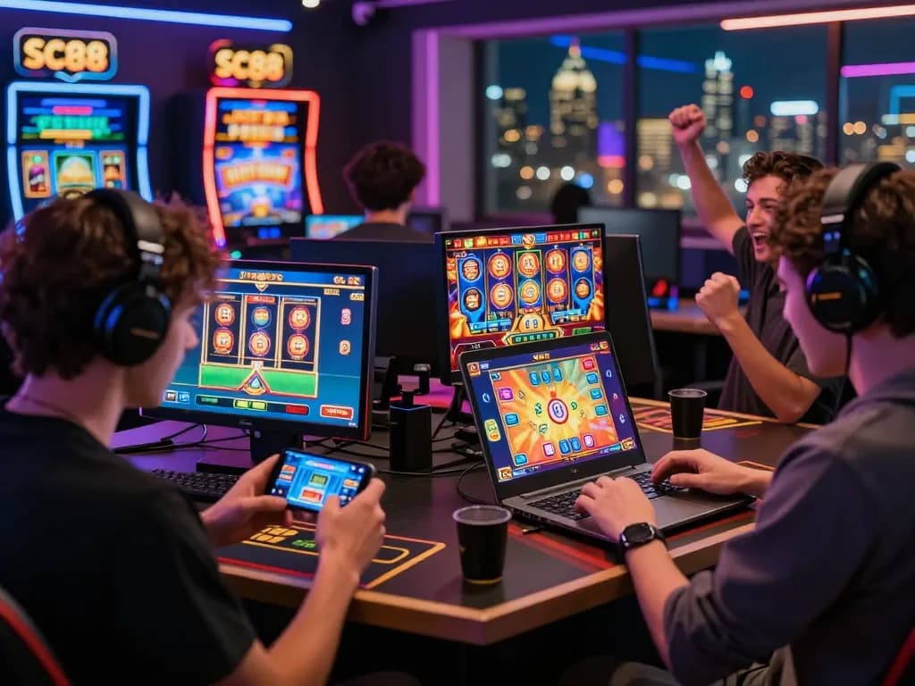 Diverse group enjoying the SC88 gaming platform with modern tech and city skyline.