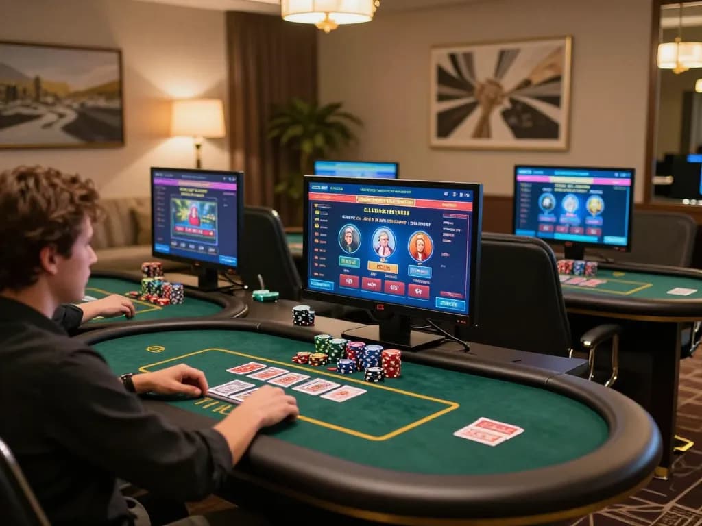 w188 player engaged in online gaming, multiple screens showcasing exciting casino games, cozy desk setup