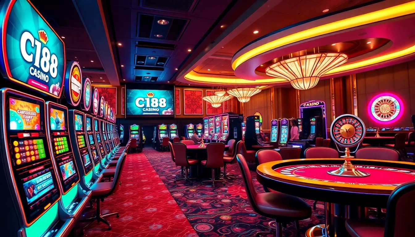 C168 logo displayed prominently in a vibrant casino scene with players enjoying table games and slot machines.