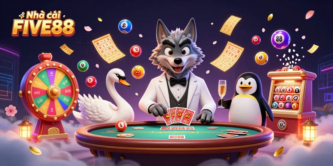 Experience Nhà cái FIVE88 excitement with a vibrant casino scene, showcasing rich gaming action and delightful characters.