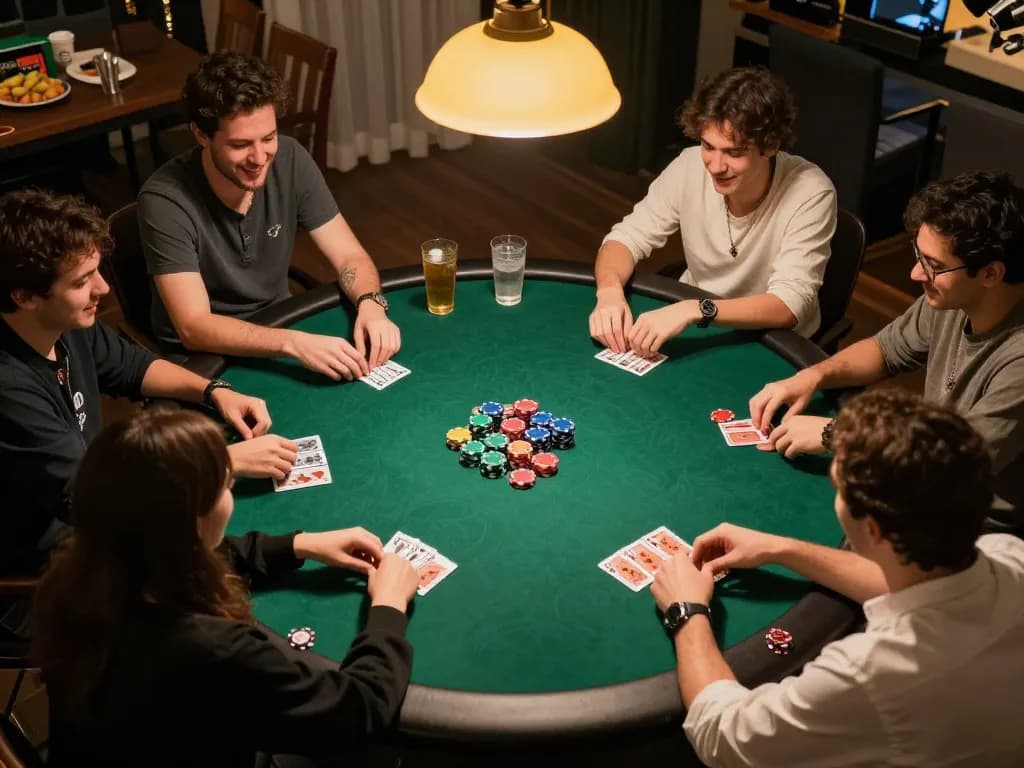 Playing poker with friends around the table while considering strategies using the mega888 apk for online gaming.