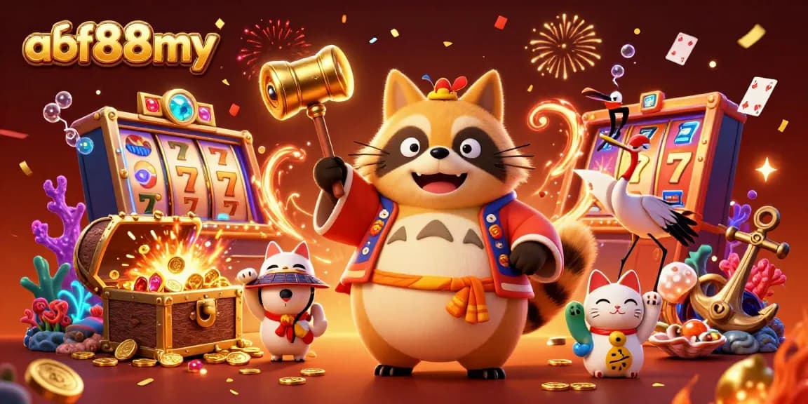Join the excitement with afb88my's cheerful tanuki and lucky symbols in this vibrant casino scene.