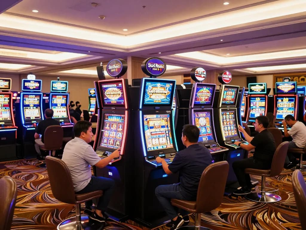 Engaged players enjoying a vibrant Slot Resmi area at an upscale casino, highlighting excitement and winning.