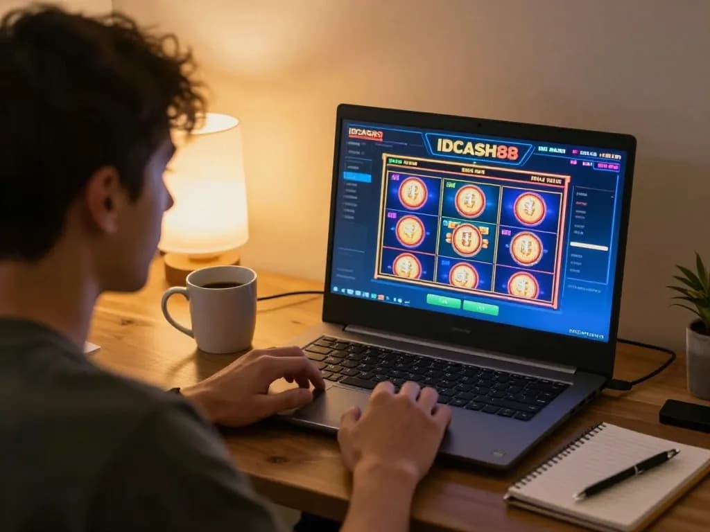 Engaged player focusing on IDCASH88 slot machines during an online gaming session at home.