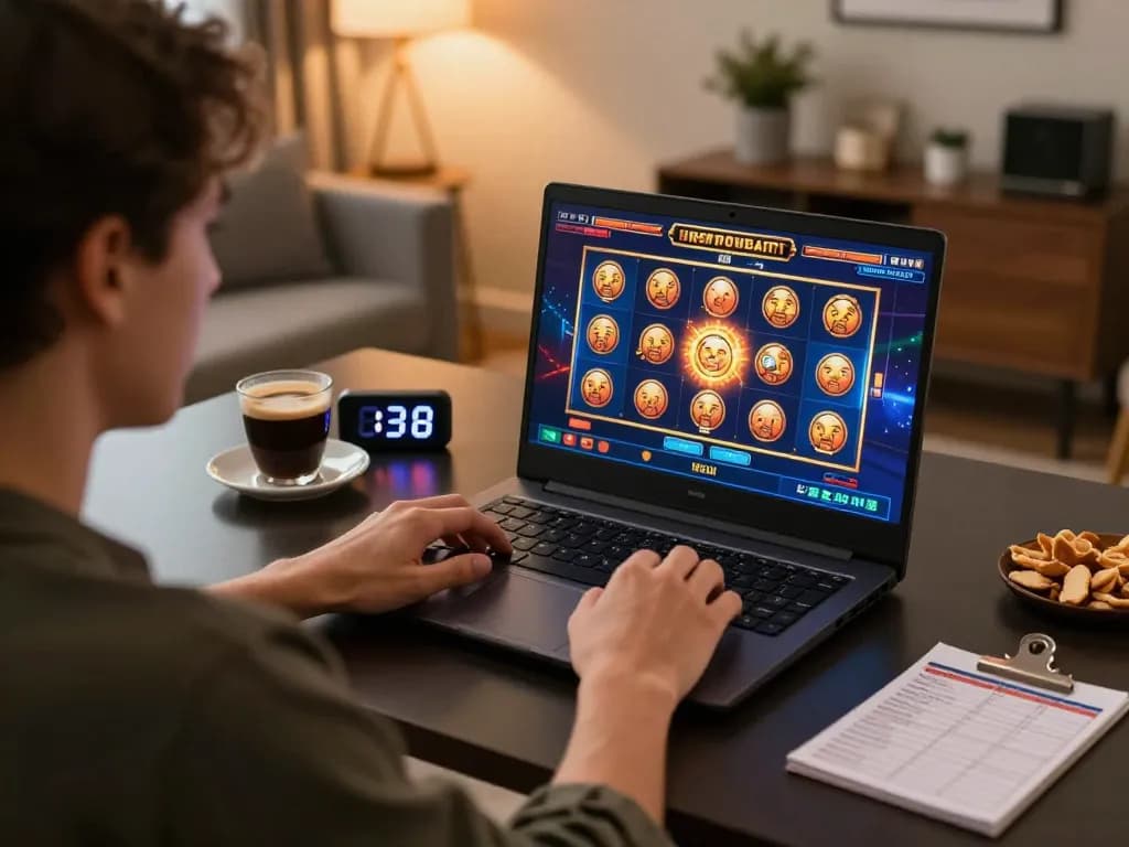 Engaging in online gambling on https://tr88.baby/ with a laptop displaying vibrant slot game.