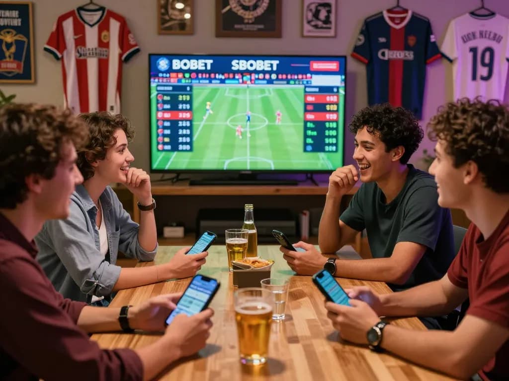 Excited group placing bets on SBOBET with live odds displayed on screen.