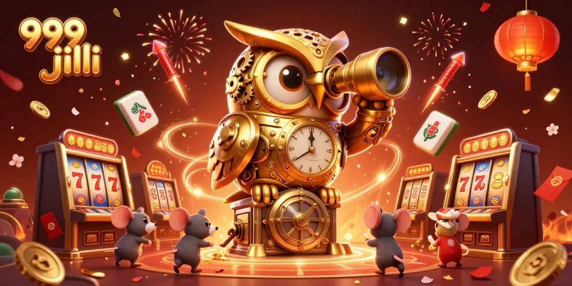 Experience the excitement of 999 jili with a cartoon clockwork owl and vibrant casino elements.