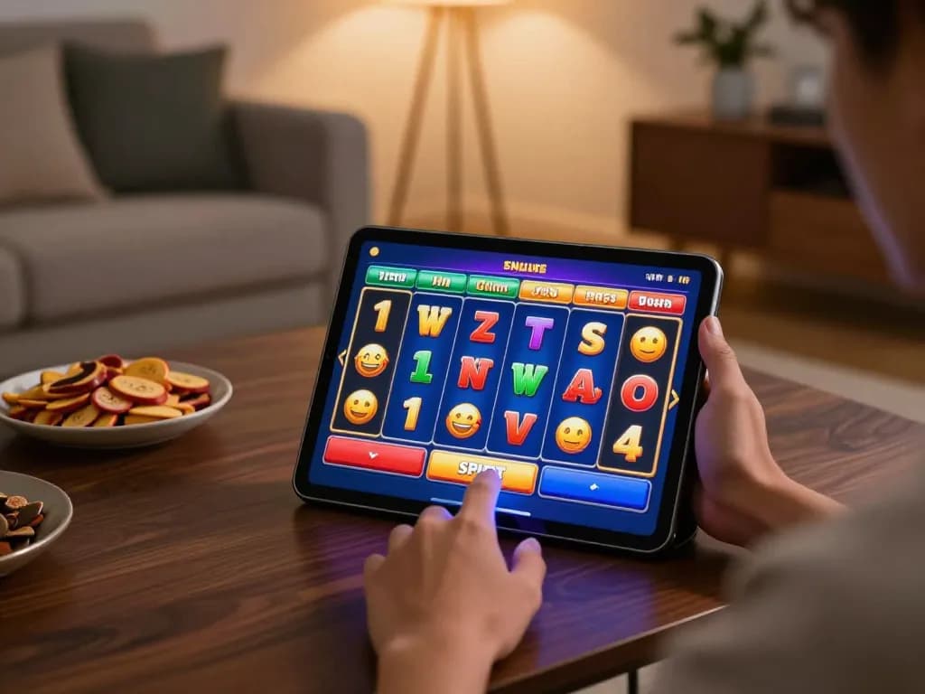 Player enjoying online slot game on tablet in cozy living room setting