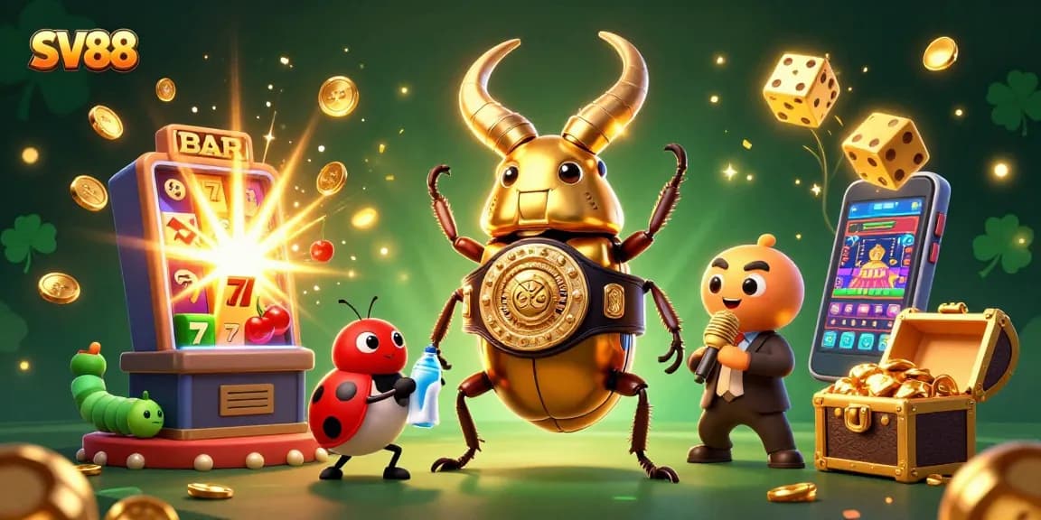 SV88 captures a vibrant scene of a golden stag beetle boxing champion with casino elements erupting around.