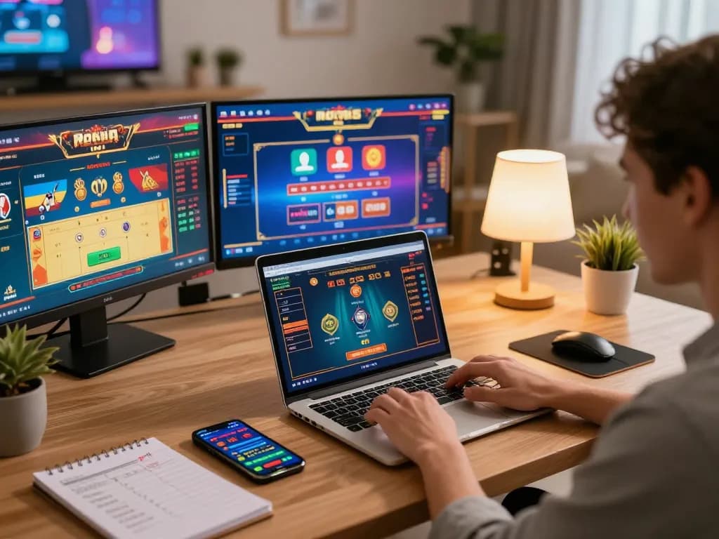 Engaged player enjoying mb66 online casino action on laptop, surrounded by gaming accessories.