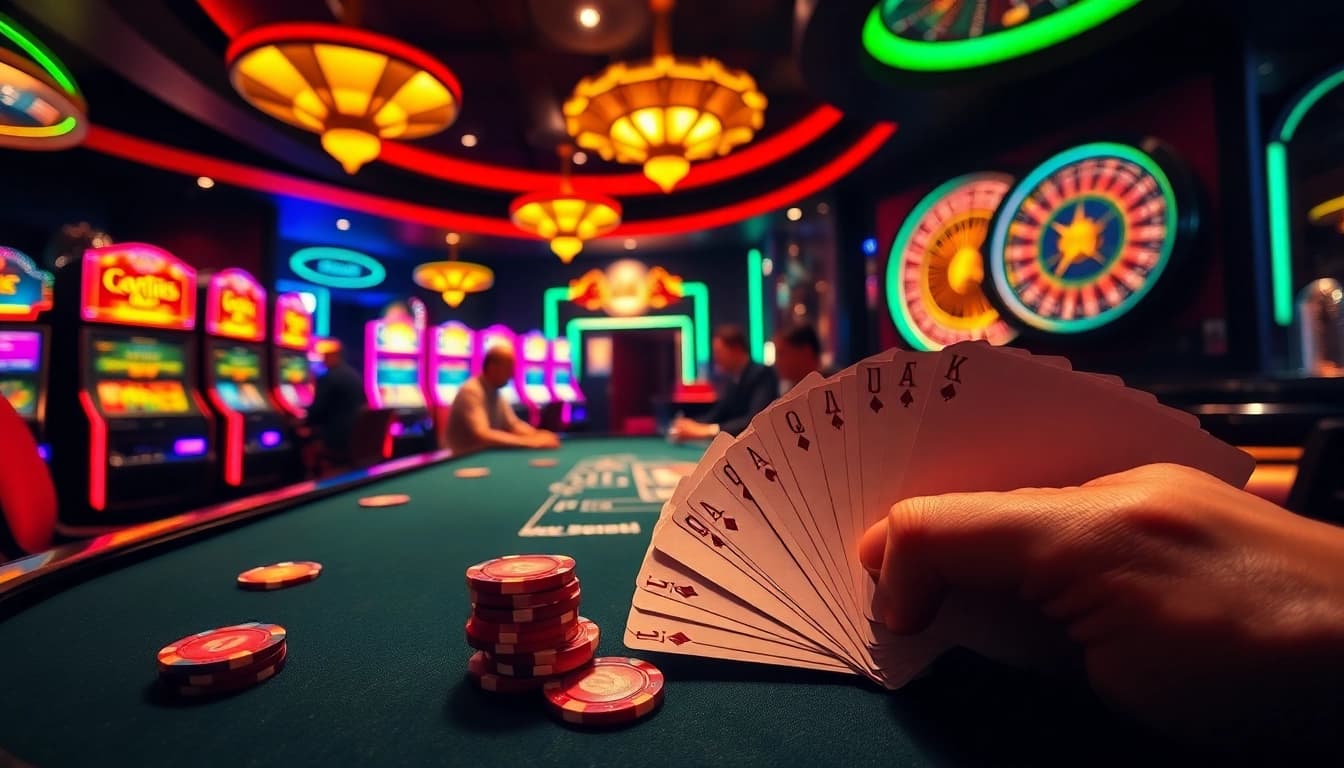 Experience high-stakes action at hitclub with vibrant casino tables and poker chips.
