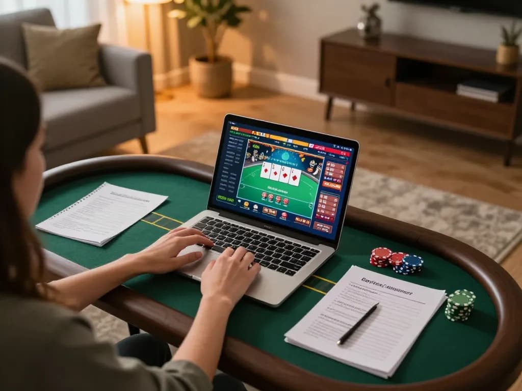 Player utilizing laptop for online poker at BK8, showcasing a cozy and strategic gaming environment