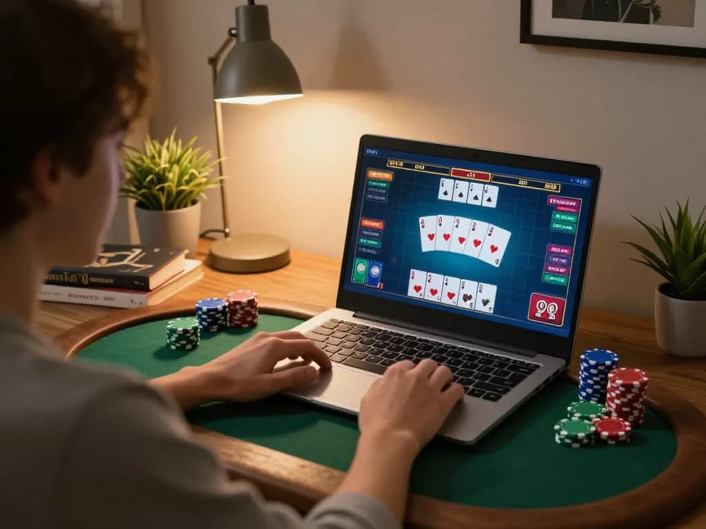 sunwin player enjoying online poker on a laptop in a cozy home office setting