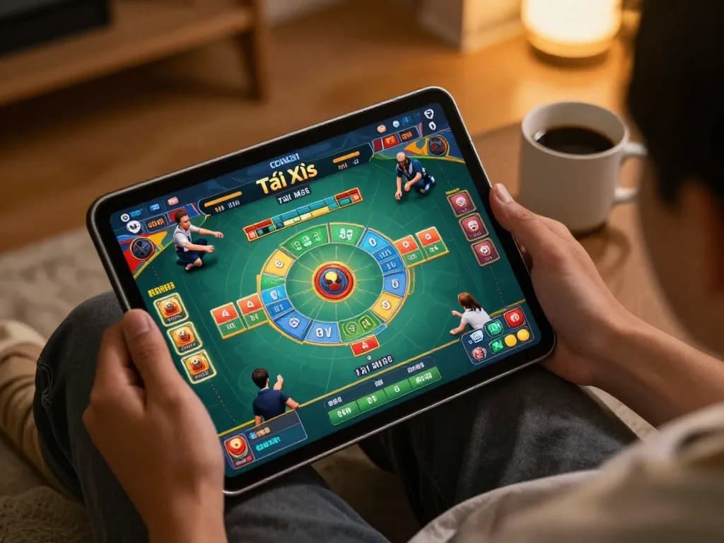 Engaged gameplay of Tài Xỉu MD5 on a tablet, showcasing vibrant betting interface in a cozy home setting.