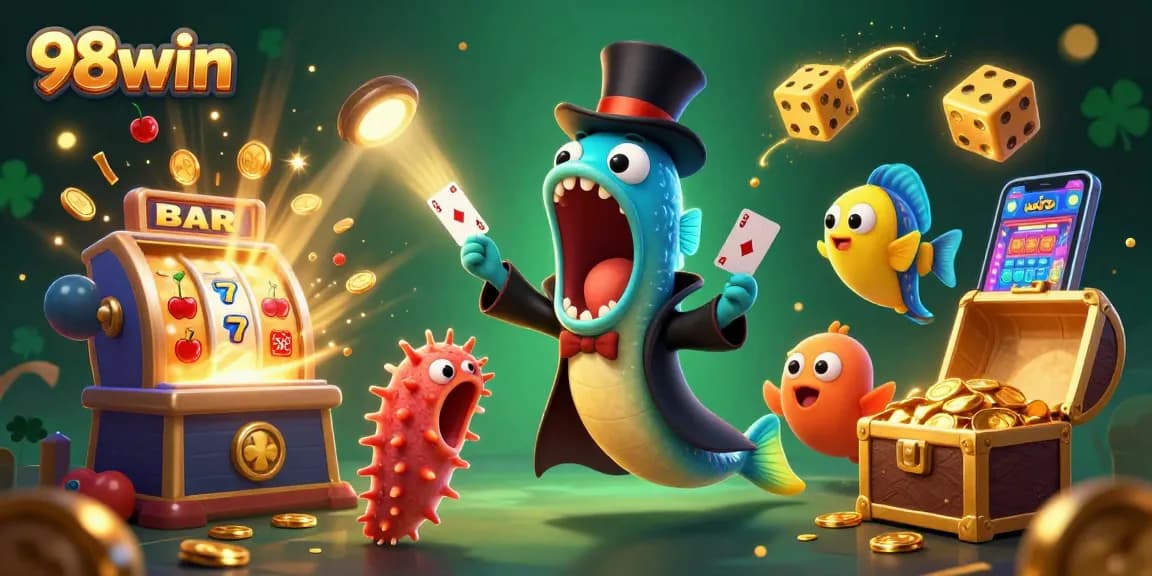 Join the excitement at 98win with a vibrant casino scene filled with colorful gaming elements.