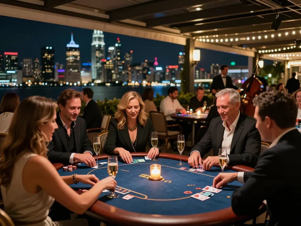 A group of players enjoying a social poker game at a KJC casino terrace, illuminated by city lights and string lights.