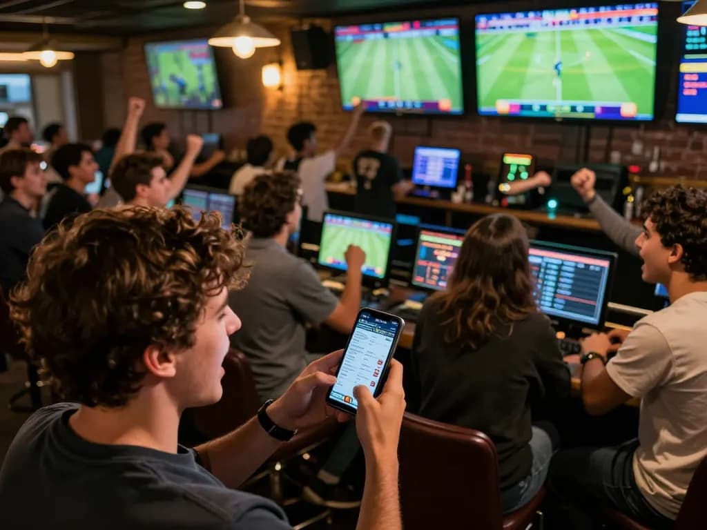 Person placing bets on 22bet during live sports, vibrant atmosphere with excitement and energy
