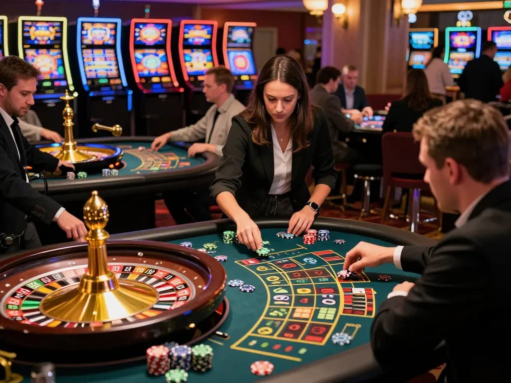 Players engaging in a thrilling sunwin roulette game, chips in action at vibrant casino tables, strategic betting moments captured.
