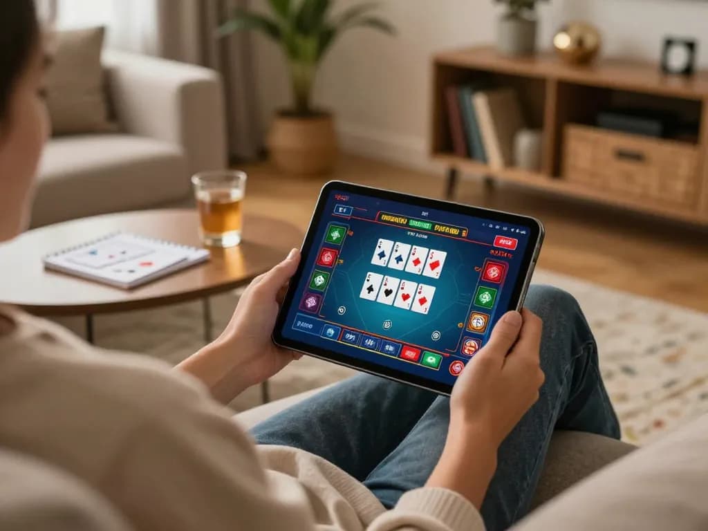 Terlibat dalam permainan poker di platform online 88Pulsa dari pengaturan ruang tamu yang nyaman.