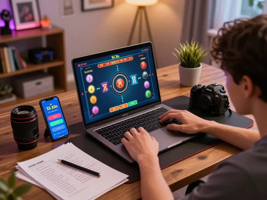 Tài Xỉu player engaged in online betting with laptop and smartphone, showcasing home gaming atmosphere.