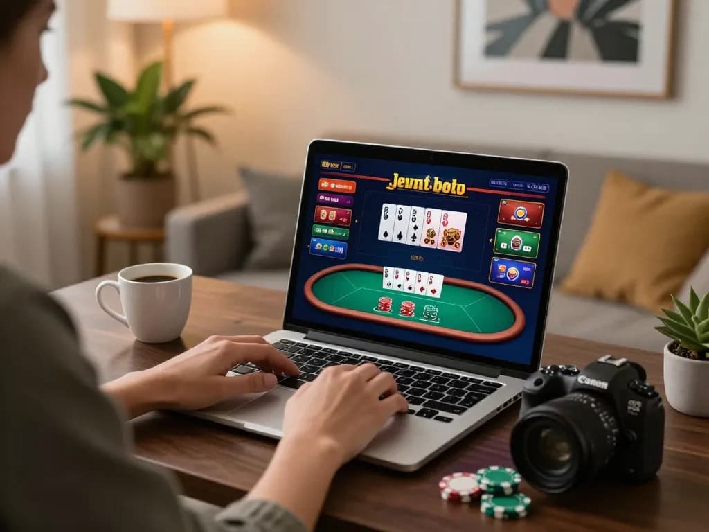 Engage in thrilling gameplay with jun88pl at home, showcasing a person playing online poker on a laptop.