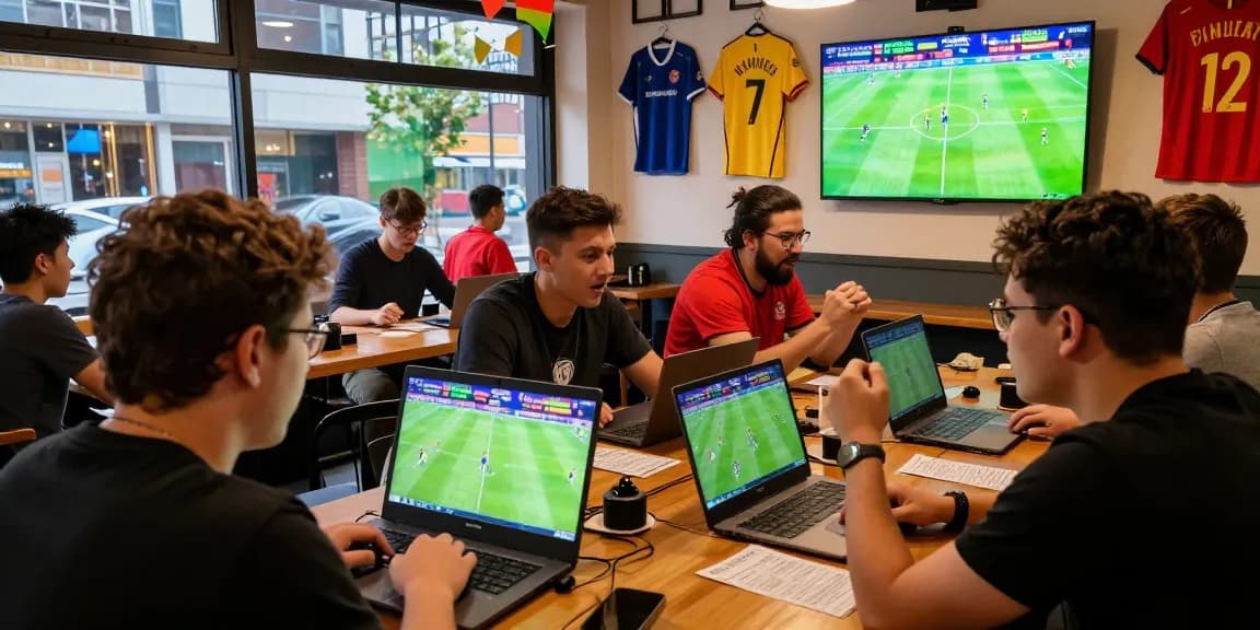 Soi kèo nhà cái enthusiasts discussing strategies in a sports café with screens showing live matches.