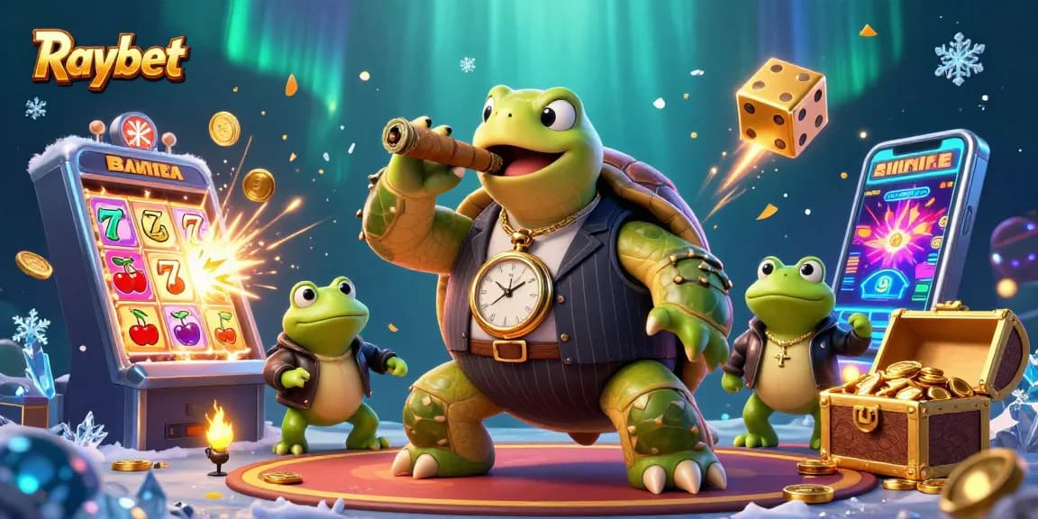Win big at Raybet with this vibrant casino-themed illustration featuring a turtle mobster and energetic game elements.
