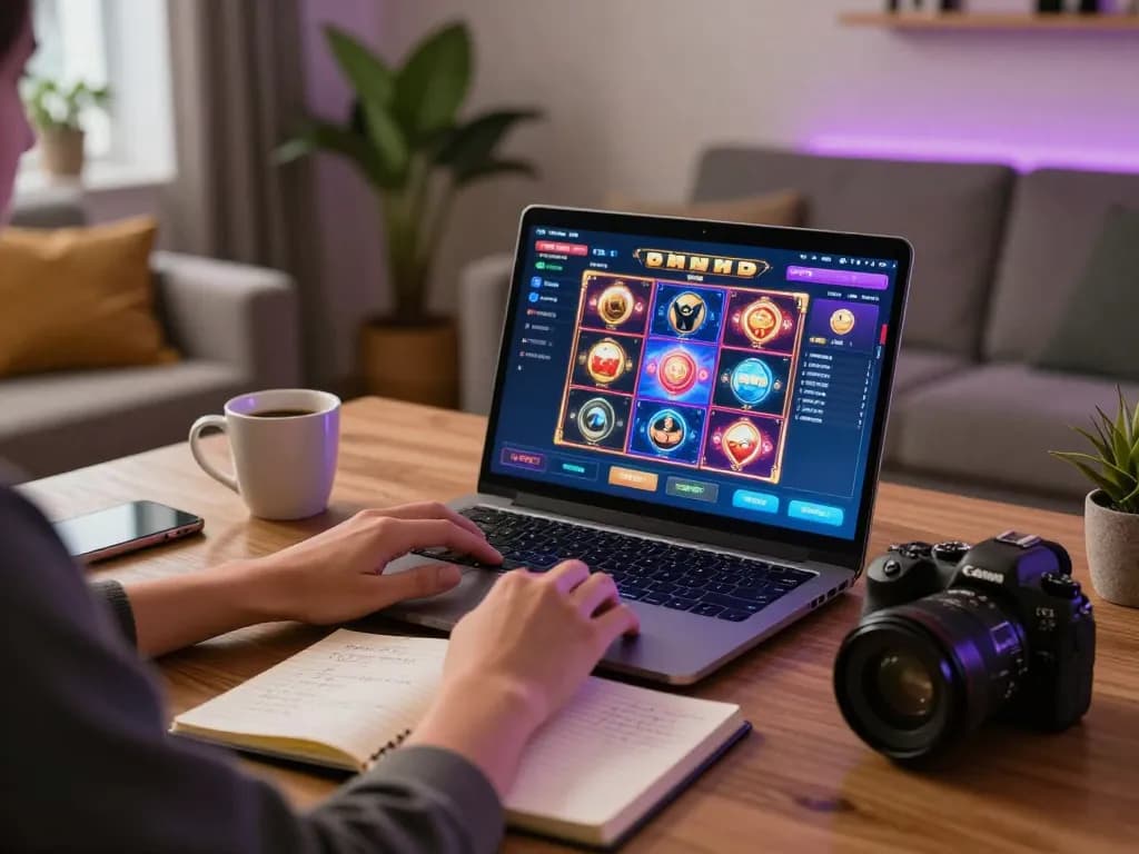 Engaging online gaming session at home with 33winf on laptop, showcasing strategic slot gameplay.