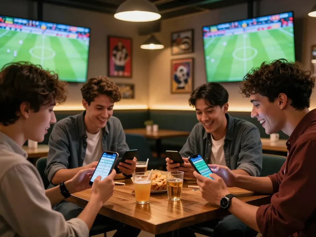 Group of friends enjoying online betting at bong99 during a live sports event in a modern lounge