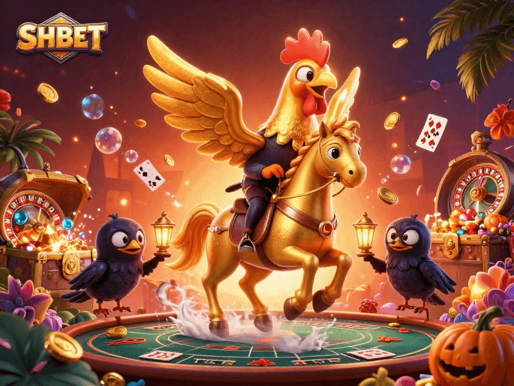 Experience thrilling moments with SHBET as a golden rooster inspires luck in a vibrant casino.