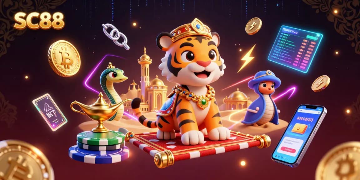 Experience SC88 with a vibrant 3D casino scene featuring the Arabian Nights theme and crypto elements.