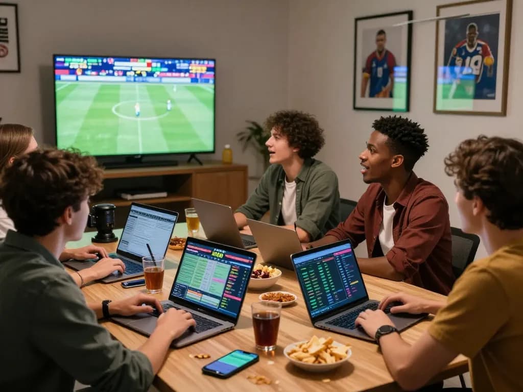 Friends enjoying zbet sports betting experience while watching live games and discussing strategies.