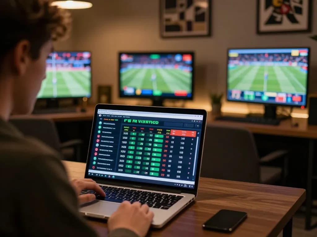Soi kèo nhà cái analysis in a cozy sports betting setup, showcasing live odds and events on screens.