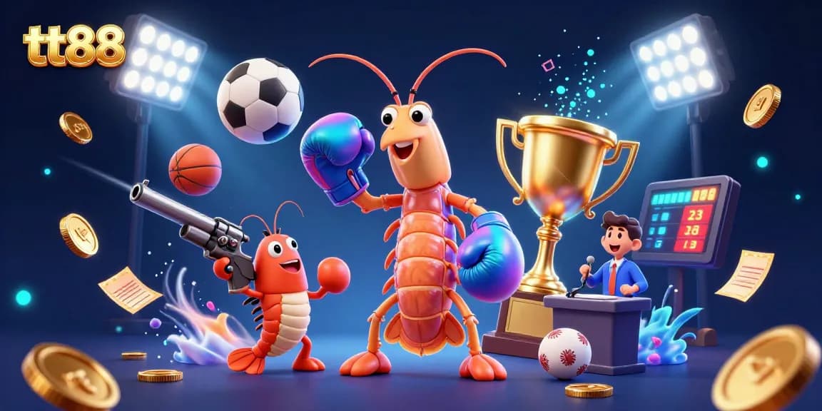 Bet big and win with tt88 at the vibrant online casino adorned with sports balls, trophies, and rich details.