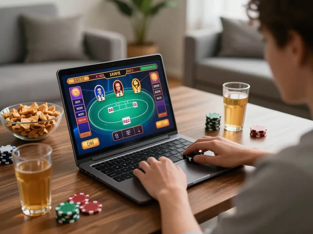 CK444 player engaged in online live casino gaming, showcasing a cozy home environment and vibrant screen.