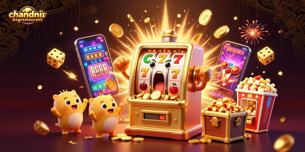 Bandingkan pengalaman bermain di chandnivegrestaurant dengan mesin slot berwarna emas yang sedang menang jackpot dan koin yang berhamburan.