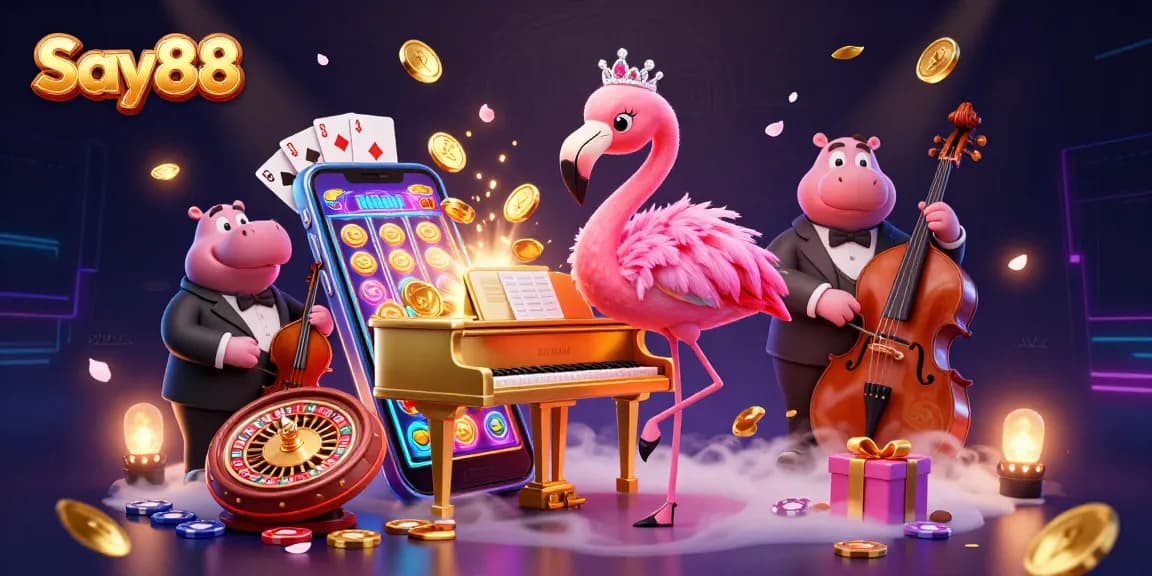 Experience the vibrant atmosphere of Say88 with a lively casino scene featuring a flamingo and hippo musicians.