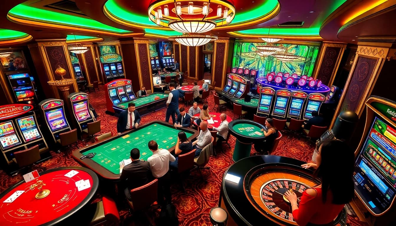 Engaging scene of players at a luxurious casino, promoting ลงทะเบียนu31 for thrill-seeking gamblers.