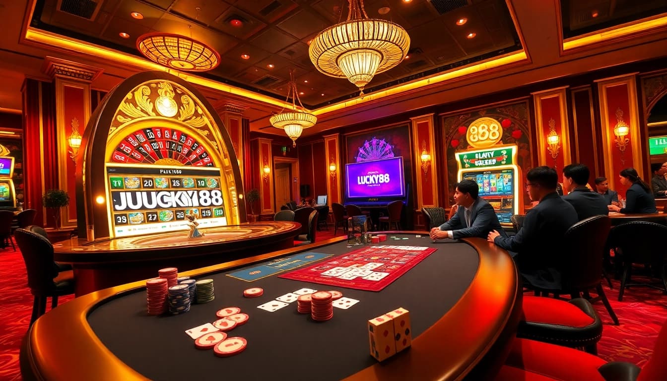 Players enjoying the LUCKY88 slot machine in an exciting casino atmosphere.