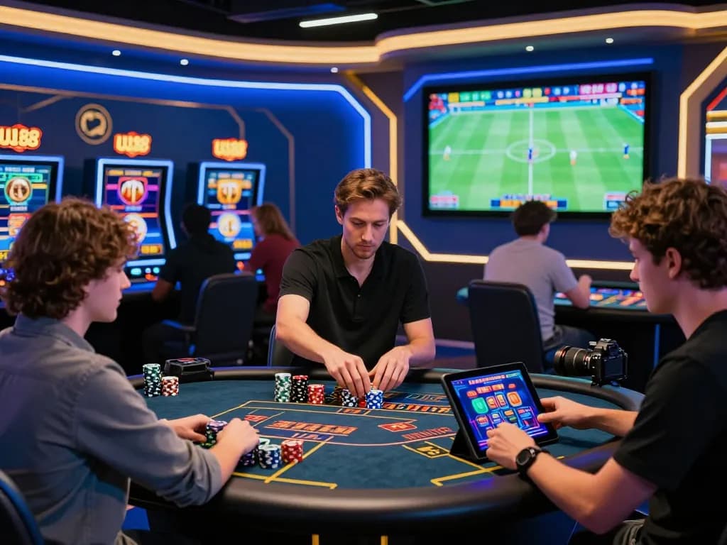 Thrilling online betting experience at UU88 with players engaging in diverse gaming activities in a vibrant, modern environment.