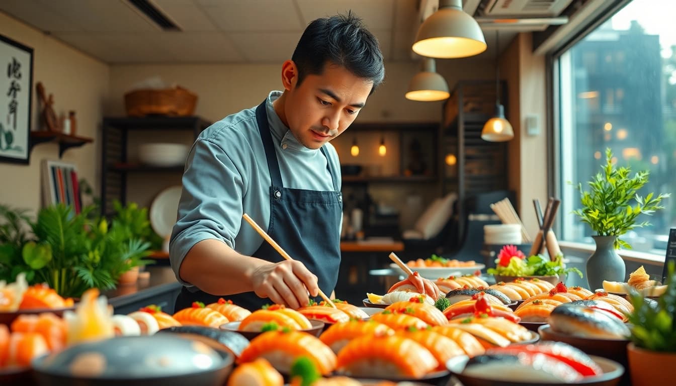 MISTER HOKI chef skillfully crafting sushi in a lively restaurant environment.