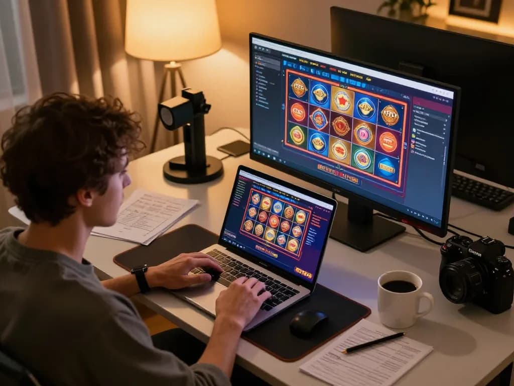 Alev giris: Engaging in online casino gameplay with vibrant slots and live dealer games on laptop.
