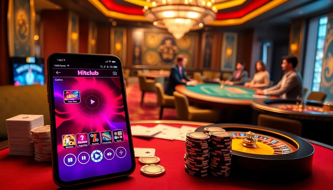 Hitclub online casino experience featuring vibrant gaming interface on mobile, live dealer poker setup.