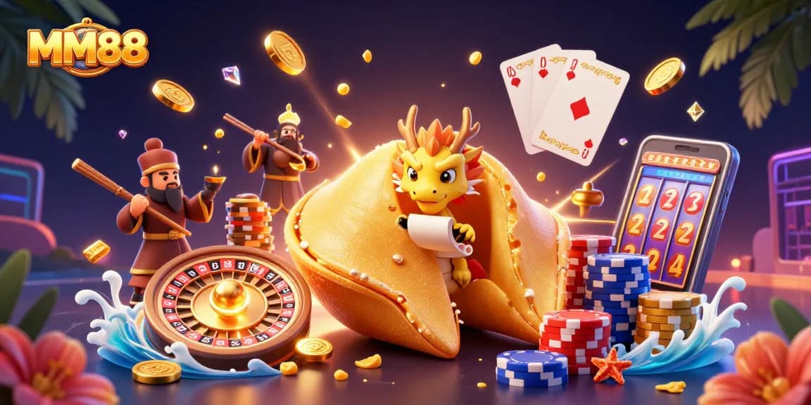 Engage with MM88's energetic casino environment featuring vibrant game elements and characters.