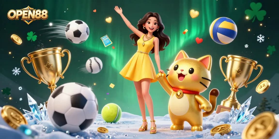 Experience the excitement of OPEN88 with a vibrant 3D illustration showcasing casino games and a lucky cat.