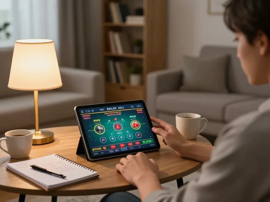 Engaging in online casino gaming on a tablet at home with say88, cozy living room setting.