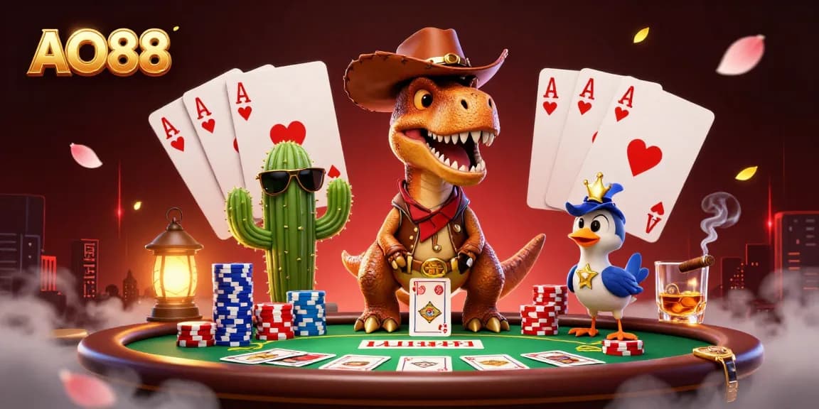 Engage with AO88's thrilling poker action featuring a T-Rex and friends at a vibrant casino table.